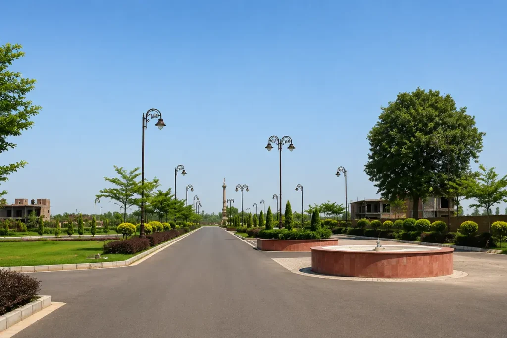 Fountain road and landscaped area at AV Aviva Greens Amritsar