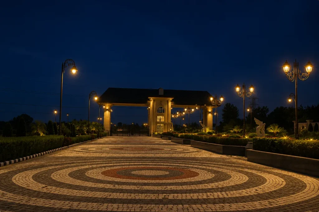 Night view of AV Aviva Greens entrance gate in Amritsar